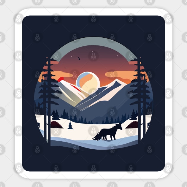 Snowy Peaks and Sly Fox: Winter Wonderland Art Print Sticker by linann945
